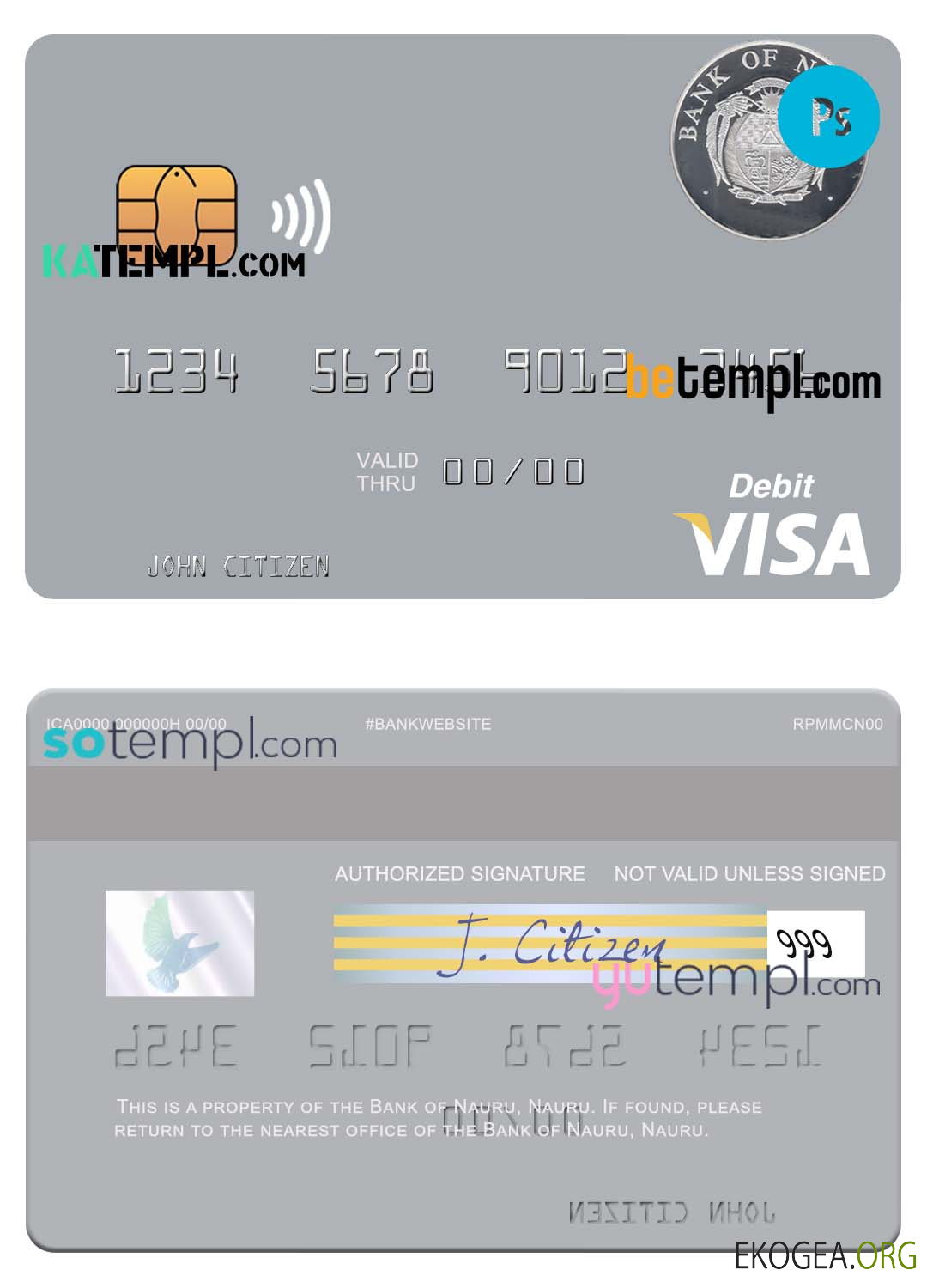 Carte de débit visa Nauru Bank of Nauru, modèle entièrement modifiable au format PSD
